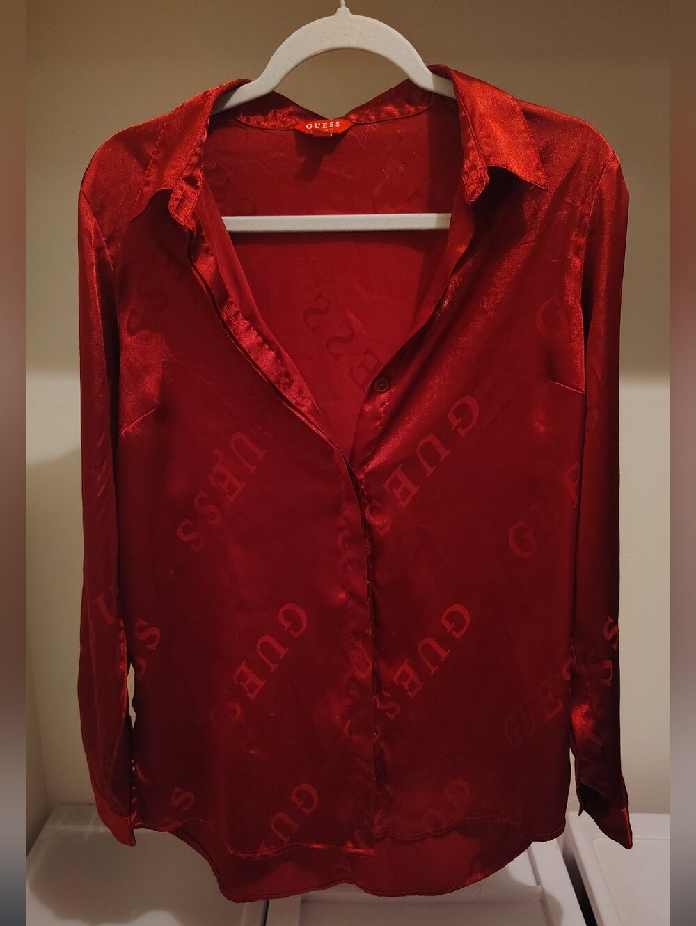 GUESS Women's Red Satin Button-Down Shirt